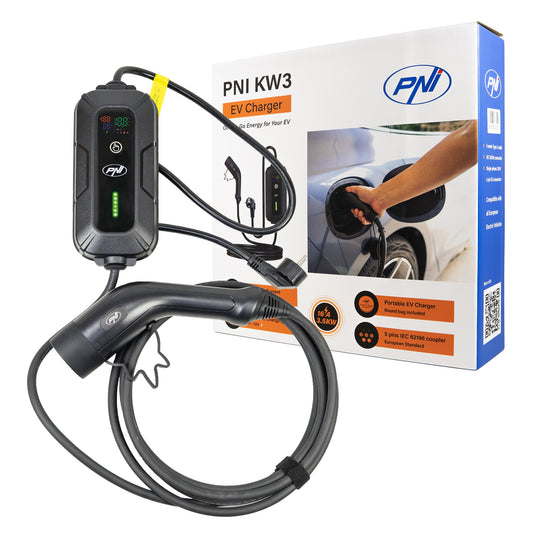 Incarcator portabil PNI KW3 16A, 3.5KW, pentru masini electrice, 230V, monofazat, cablu Type 2 cu conector 5 pini, cu temporizare, IP66