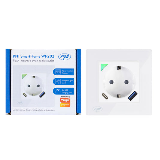 Kit Priza dubla inteligenta PNI SmartHome WP202 WiFi cu rama montaj ingropat control prin internet