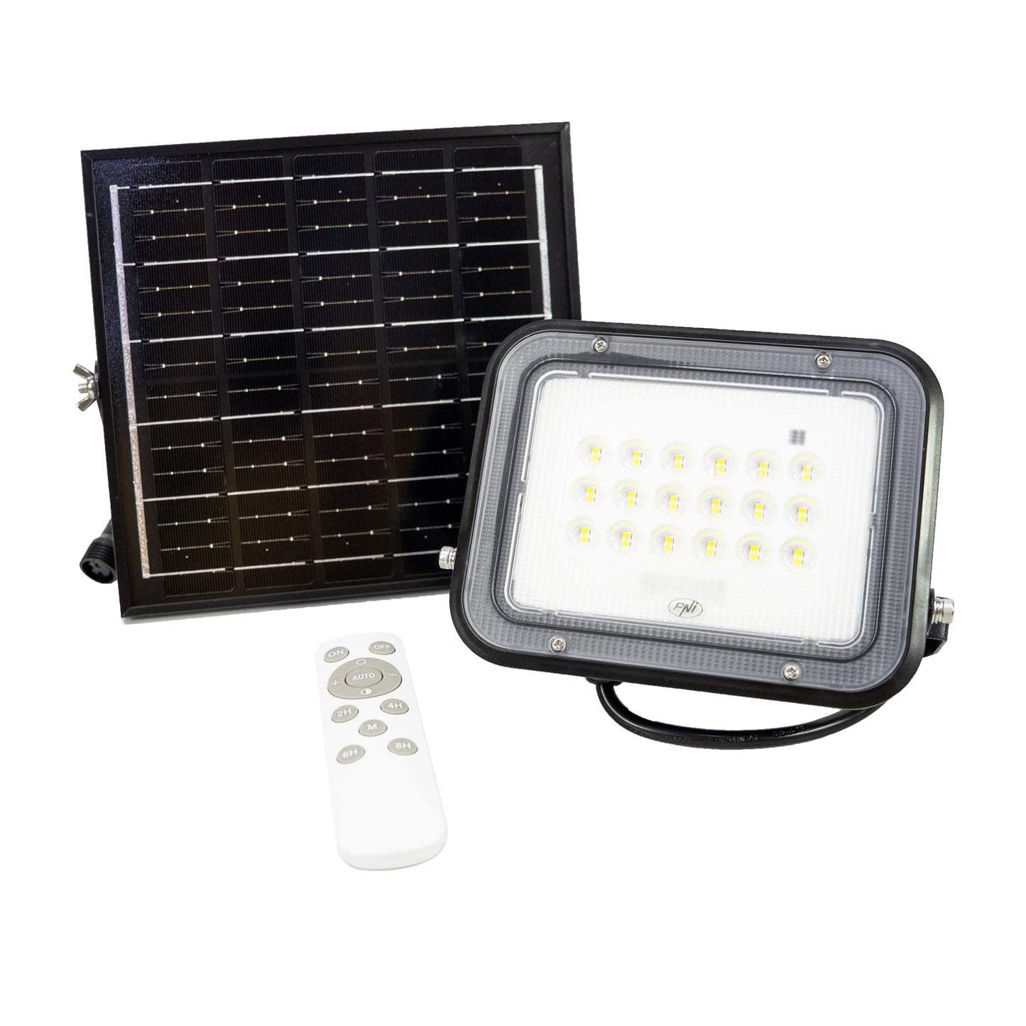 Reflector LED PNI GreenHouse WS50 PRO 50W cu panou solar 6W, acumulator 5000mAh, 800lm, telecomanda, timing si luminozitate reglabila, 6500 K, IP65