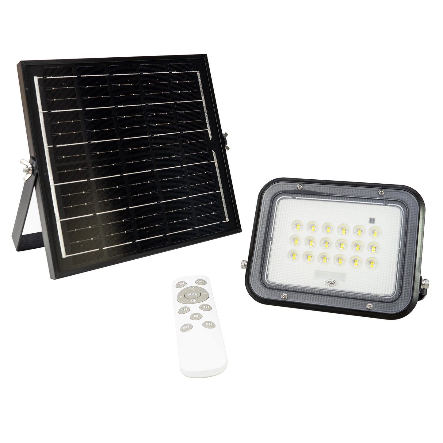 Reflector LED PNI GreenHouse WS50 PRO 50W cu panou solar 6W, acumulator 5000mAh, 800lm, telecomanda, timing si luminozitate reglabila, 6500 K, IP65