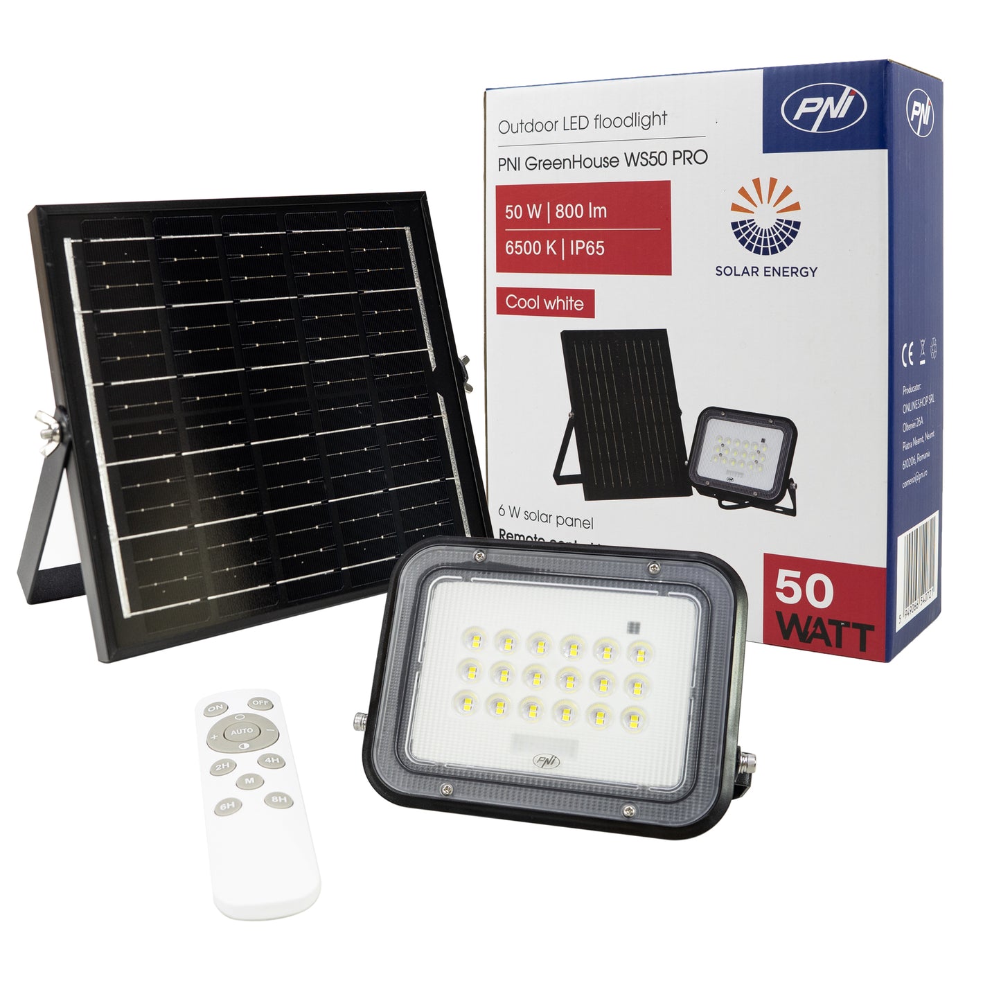 Reflector LED PNI GreenHouse WS50 PRO 50W cu panou solar 6W, acumulator 5000mAh, 800lm, telecomanda, timing si luminozitate reglabila, 6500 K, IP65
