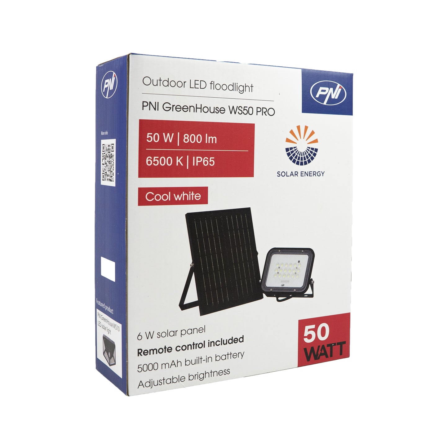 Reflector LED PNI GreenHouse WS50 PRO 50W cu panou solar 6W, acumulator 5000mAh, 800lm, telecomanda, timing si luminozitate reglabila, 6500 K, IP65