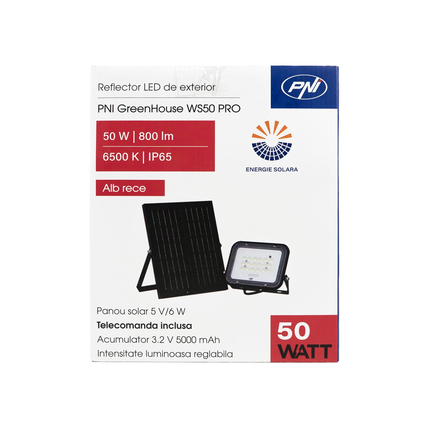 Reflector LED PNI GreenHouse WS50 PRO 50W cu panou solar 6W, acumulator 5000mAh, 800lm, telecomanda, timing si luminozitate reglabila, 6500 K, IP65