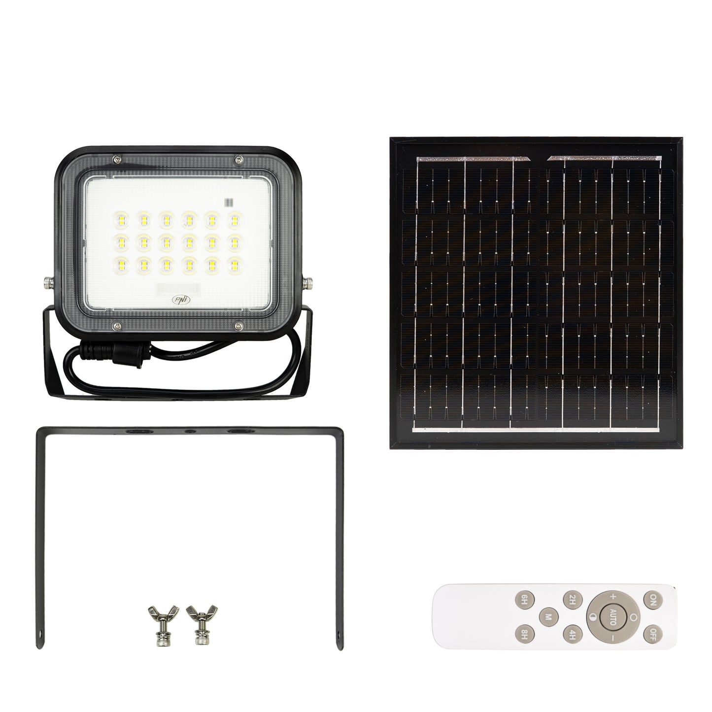 Reflector LED PNI GreenHouse WS50 PRO 50W cu panou solar 6W, acumulator 5000mAh, 800lm, telecomanda, timing si luminozitate reglabila, 6500 K, IP65