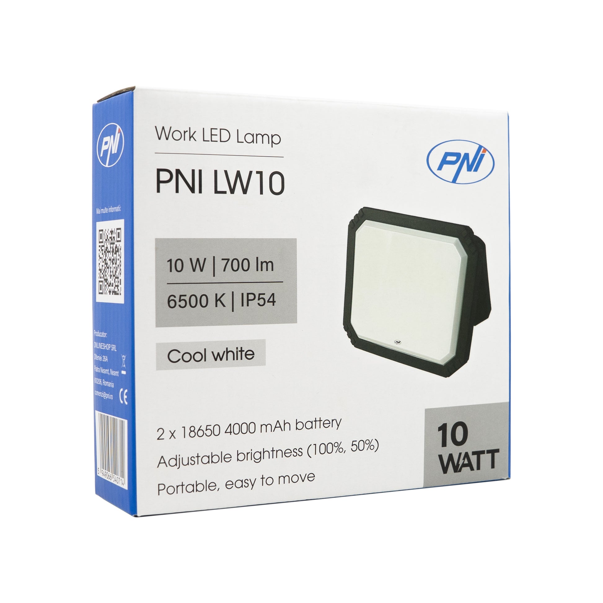 Lampa LED de lucru PNI LW10 10W, portabila, reincarcabila, cu acumulator 2 x 18650 4000mAh, 6500K, IP54, 700 lm, 2 niveluri luminozitate