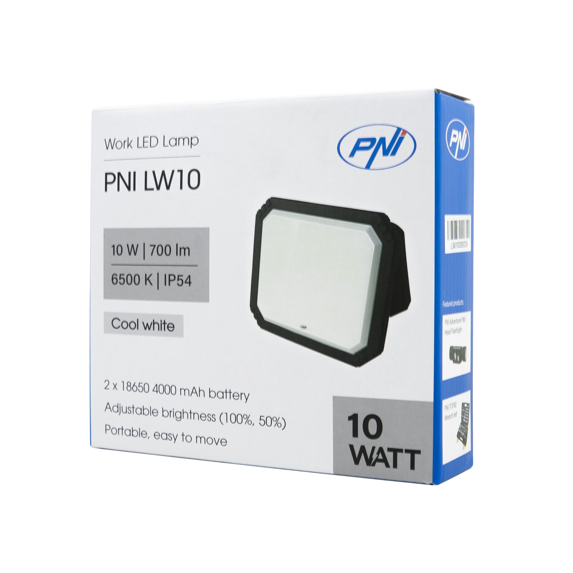 Lampa LED de lucru PNI LW10 10W, portabila, reincarcabila, cu acumulator 2 x 18650 4000mAh, 6500K, IP54, 700 lm, 2 niveluri luminozitate