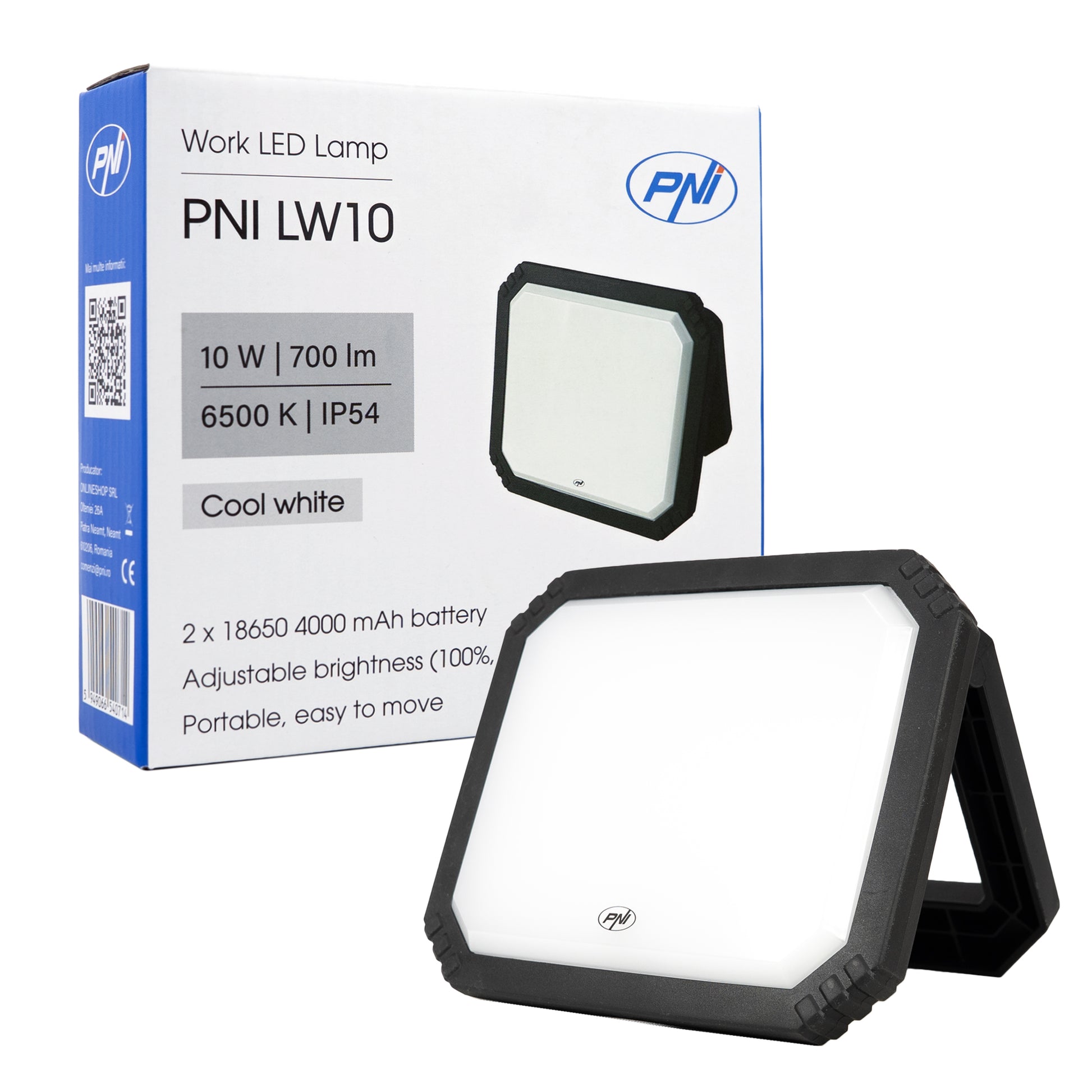 Lampa LED de lucru PNI LW10 10W, portabila, reincarcabila, cu acumulator 2 x 18650 4000mAh, 6500K, IP54, 700 lm, 2 niveluri luminozitate
