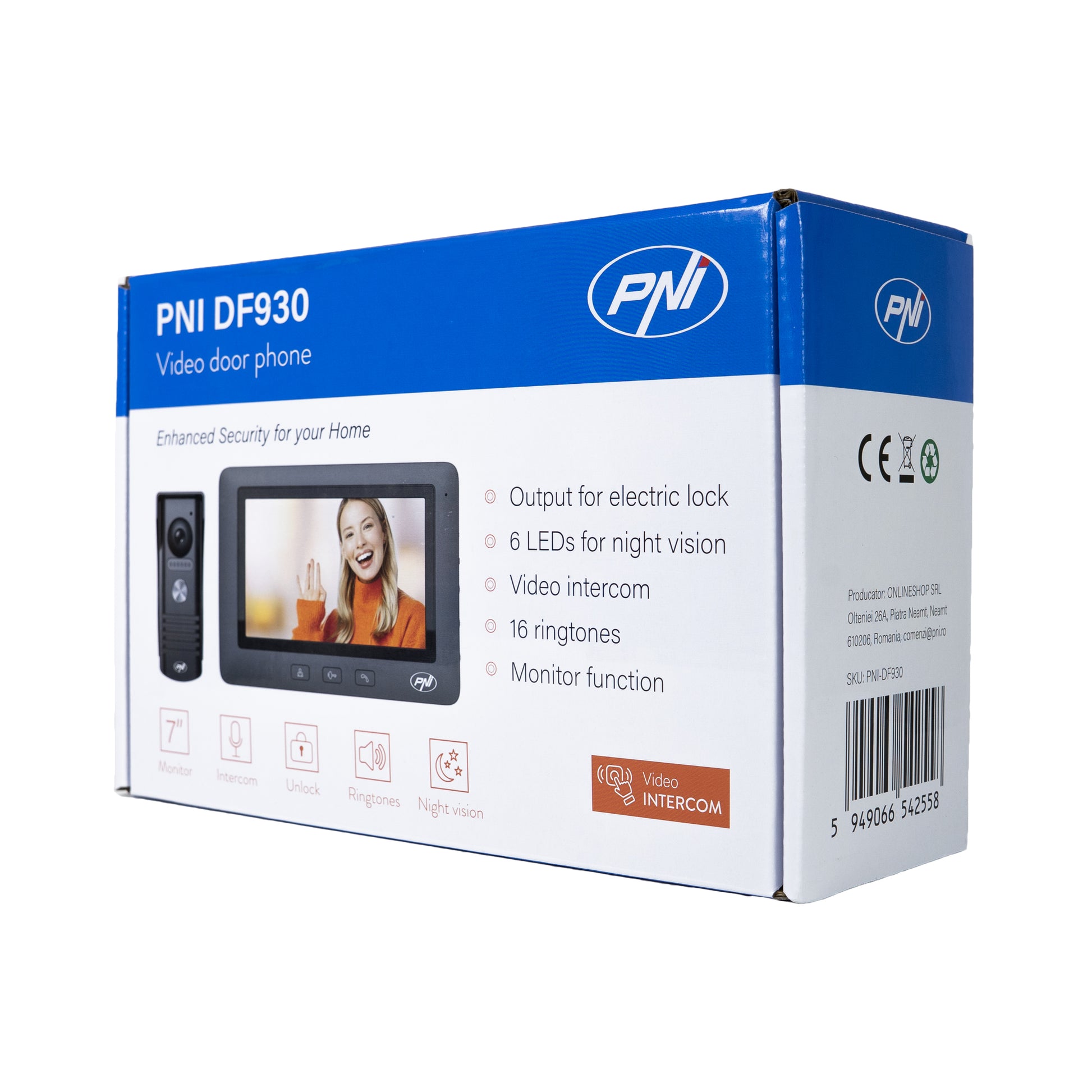 Interfon video PNI DF930 cu 1 monitor, ecran LCD 7 inch, 800x480, iesire yala electromagnetica, negru