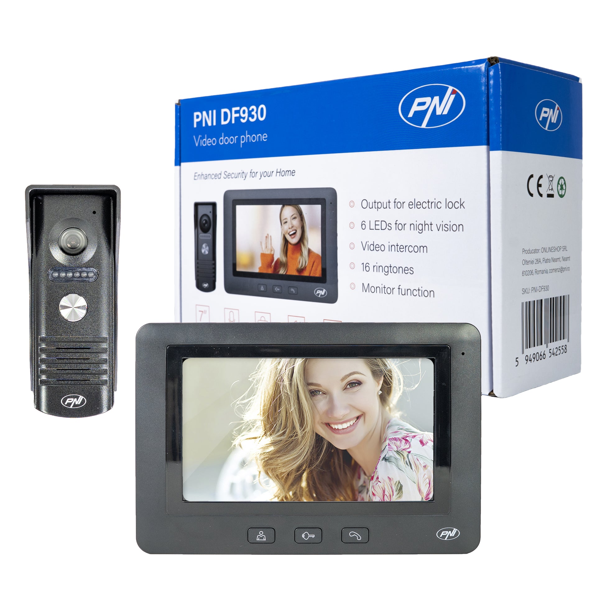 Interfon video PNI DF930 cu 1 monitor, ecran LCD 7 inch, 800x480, iesire yala electromagnetica, negru