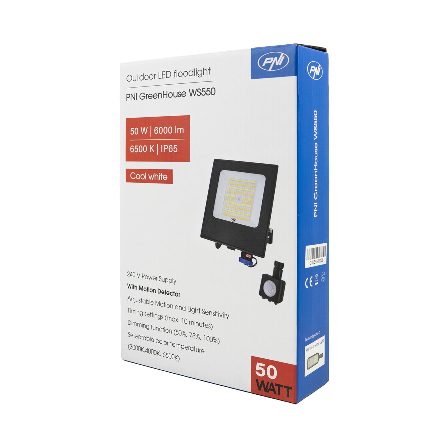 Reflector LED PNI GreenHouse WS550 50W cu senzor de miscare, setare sensibilitate, durata iluminare, 3000K - 6500K, functie dimming, alimentare 230V