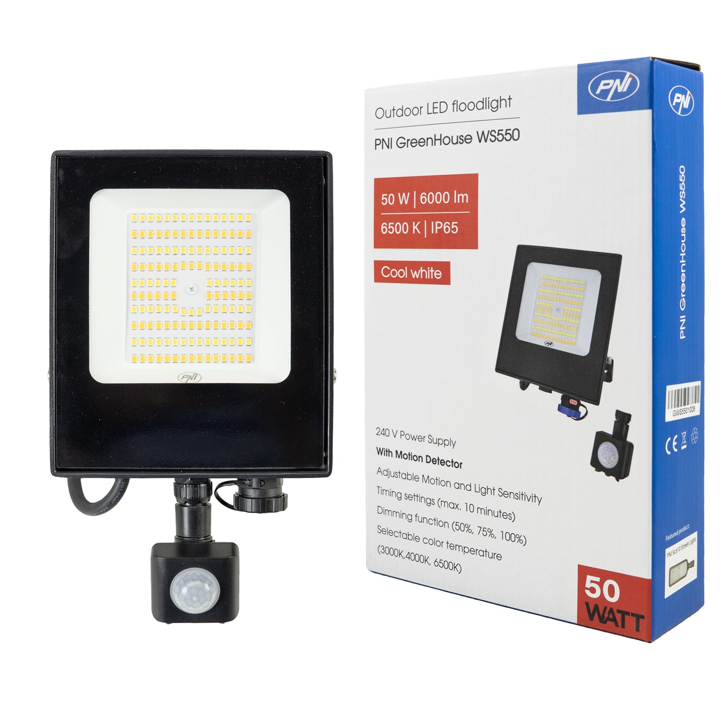 Reflector LED PNI GreenHouse WS550 50W cu senzor de miscare, setare sensibilitate, durata iluminare, 3000K - 6500K, functie dimming, alimentare 230V
