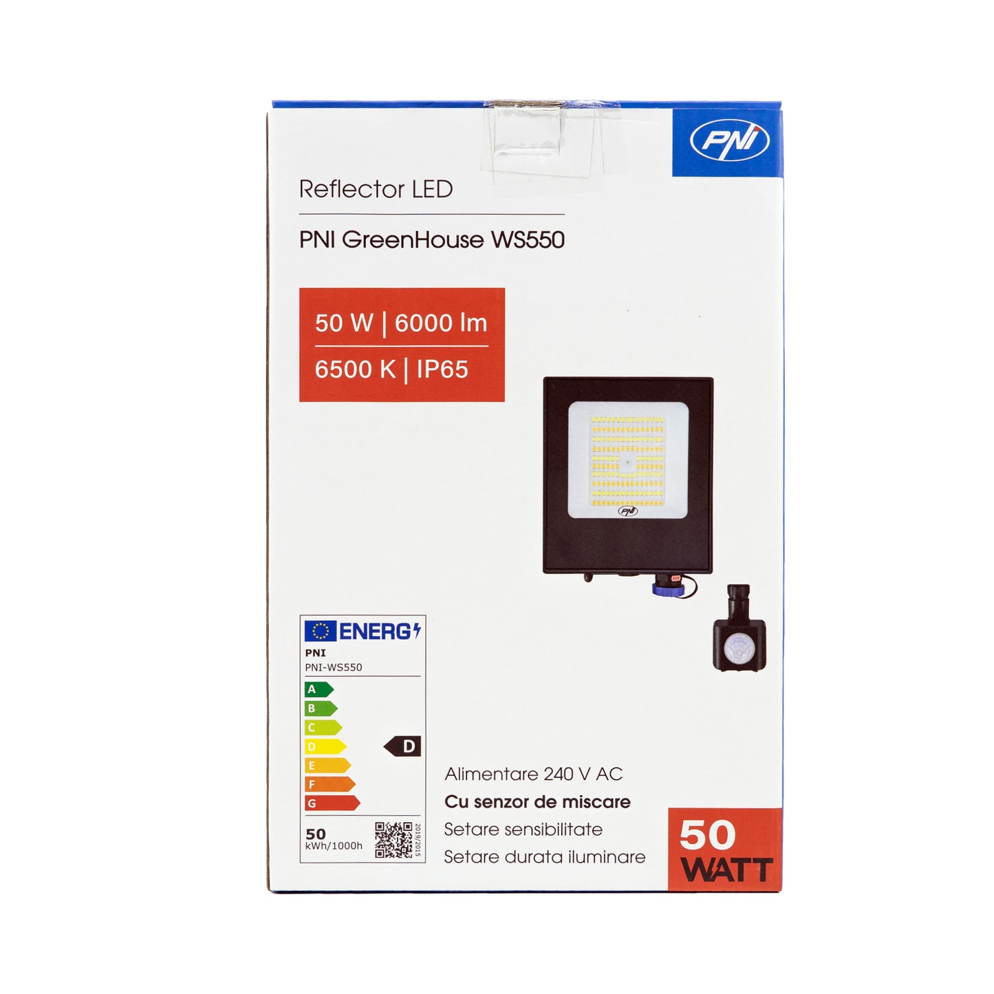 Reflector LED PNI GreenHouse WS550 50W cu senzor de miscare, setare sensibilitate, durata iluminare, 3000K - 6500K, functie dimming, alimentare 230V
