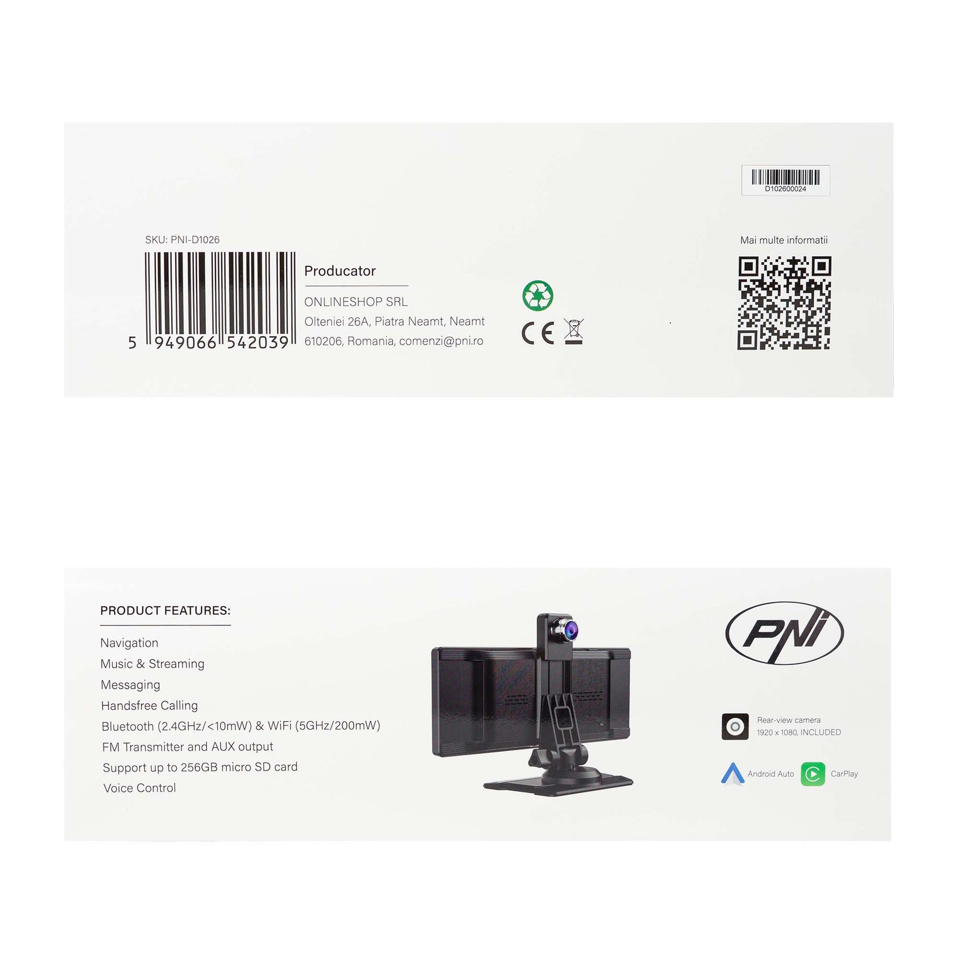 Monitor auto cu DVR PNI D1026 10.26 inch, wireless Carplay, navigatie, muzica, handsfree, bluetooth, FM transmitter
