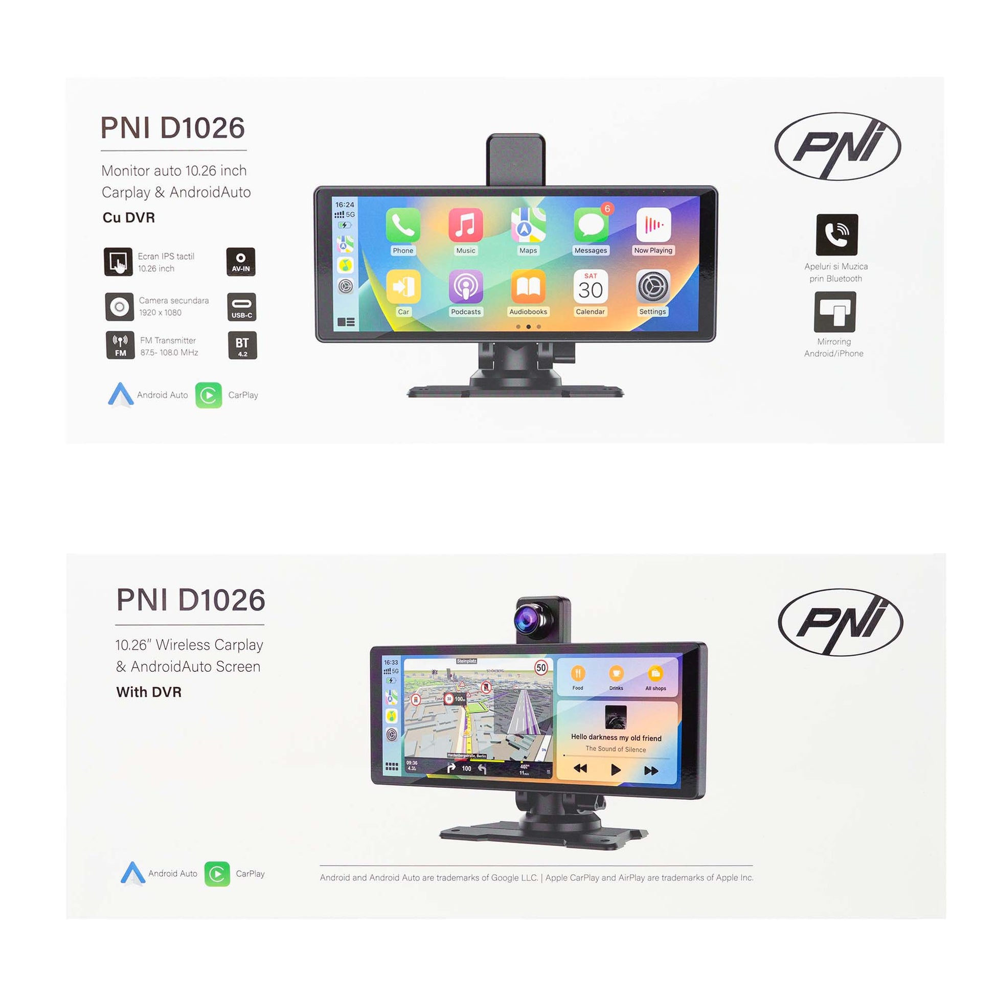 Monitor auto cu DVR PNI D1026 10.26 inch, wireless Carplay, navigatie, muzica, handsfree, bluetooth, FM transmitter