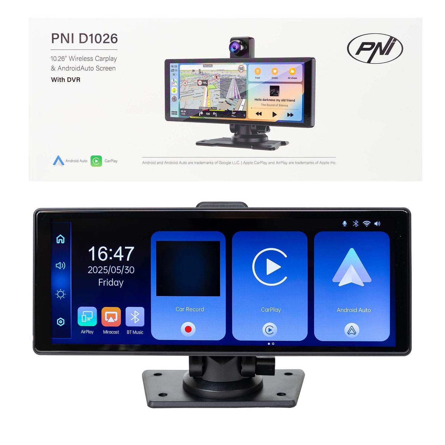 Monitor auto cu DVR PNI D1026 10.26 inch, wireless Carplay, navigatie, muzica, handsfree, bluetooth, FM transmitter