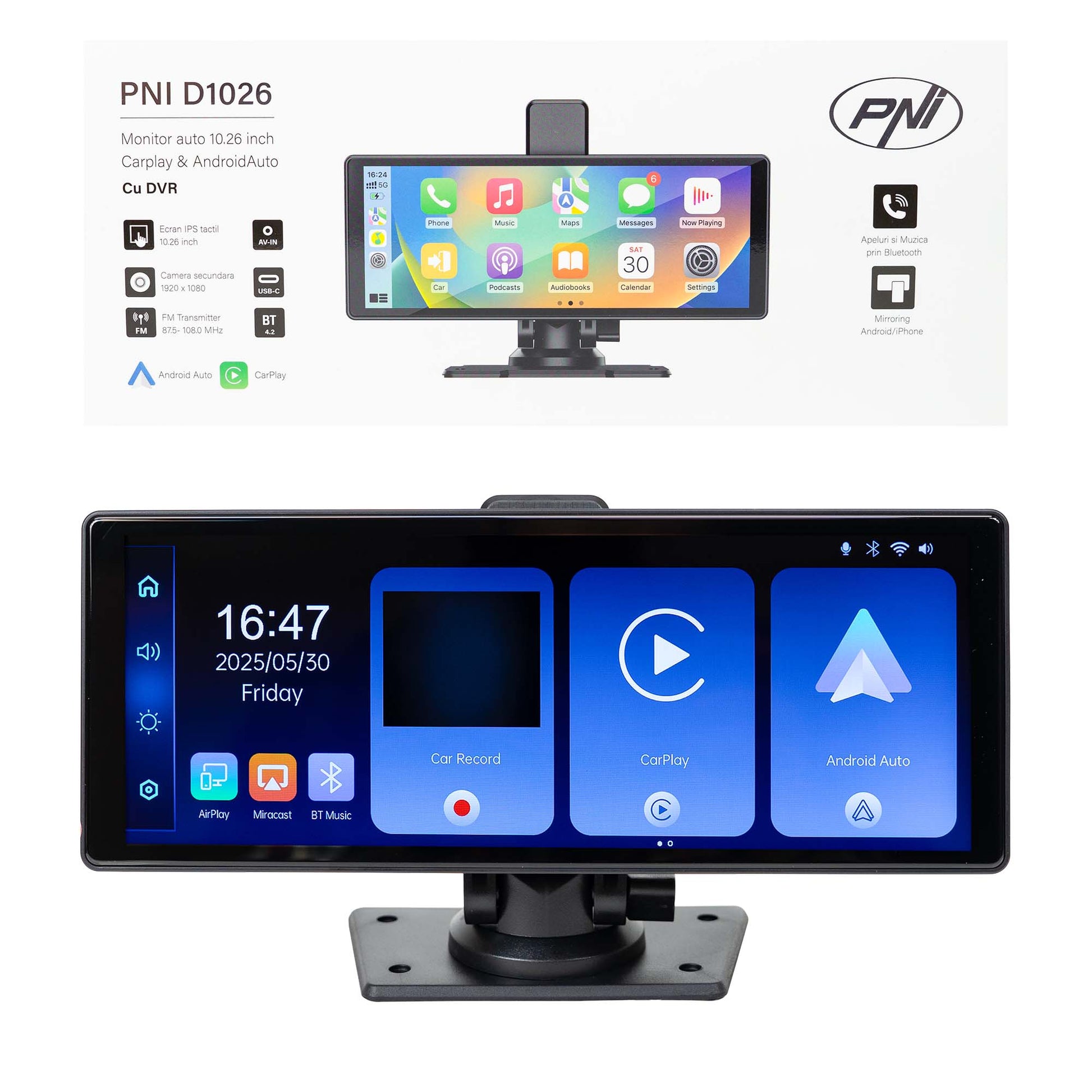 Monitor auto cu DVR PNI D1026 10.26 inch, wireless Carplay, navigatie, muzica, handsfree, bluetooth, FM transmitter