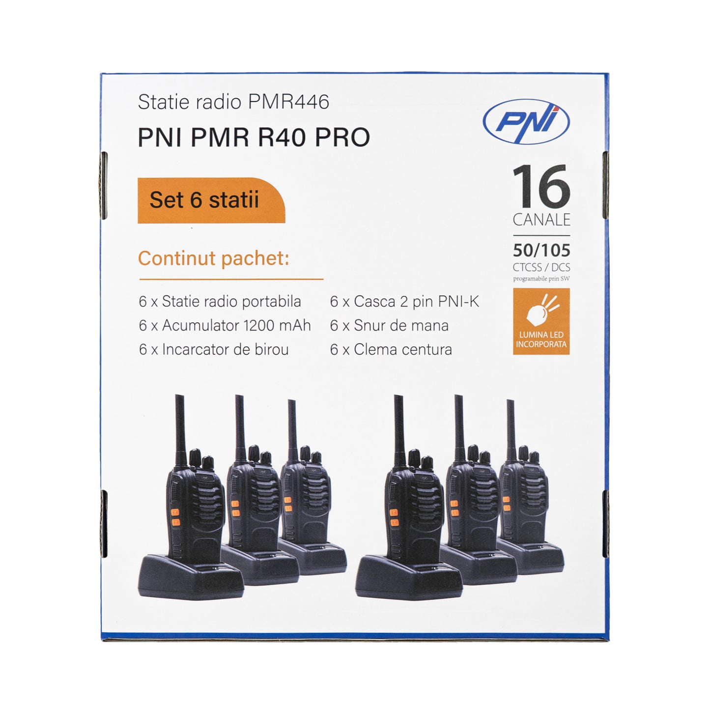 Kit 6 statii radio portabile PNI PMR R40 PRO acumulatori, incarcatoare si casti incluse