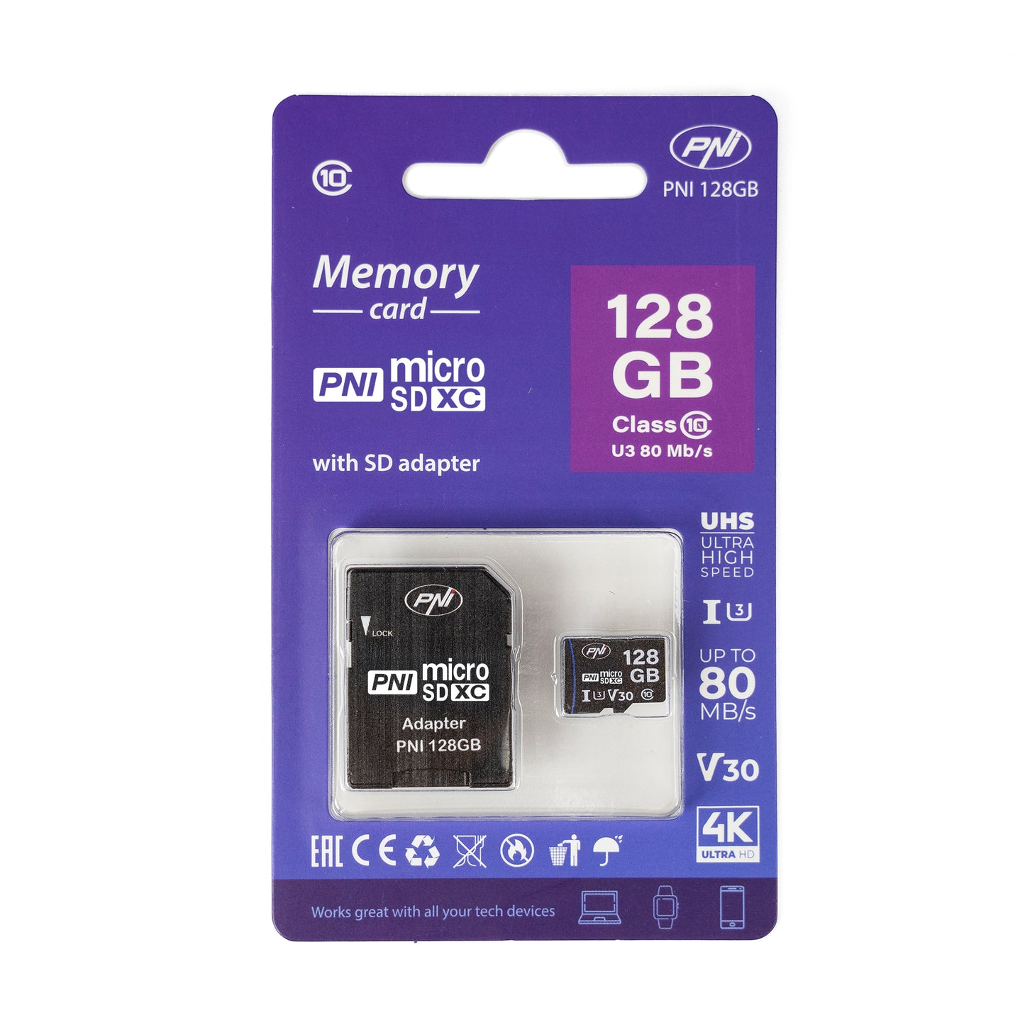 Card de memorie MicroSD PNI 128GB cu adaptor SD, Clasa 10, 80 Mb/s, V30