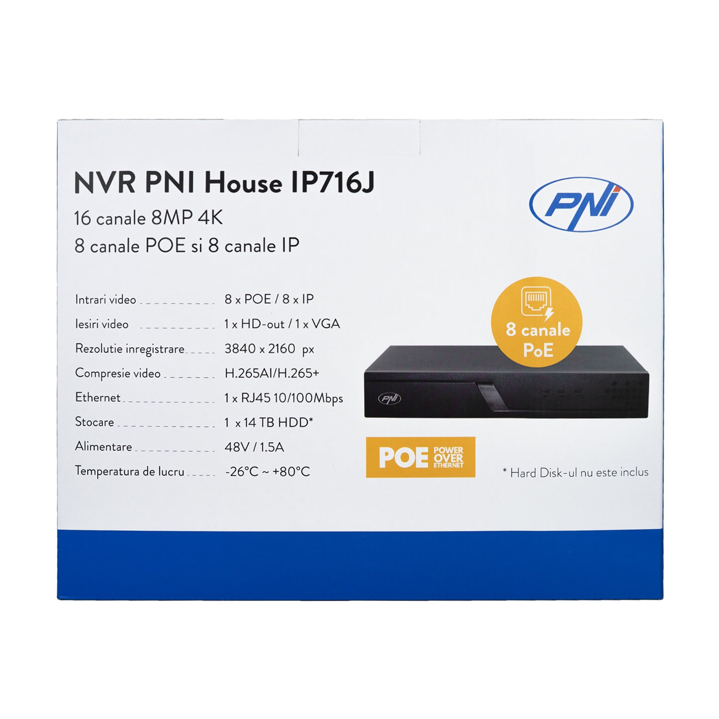 NVR POE PNI House IP716J, 16 canale 4K 8MP, 8 canale POE si 8 canale IP, negru