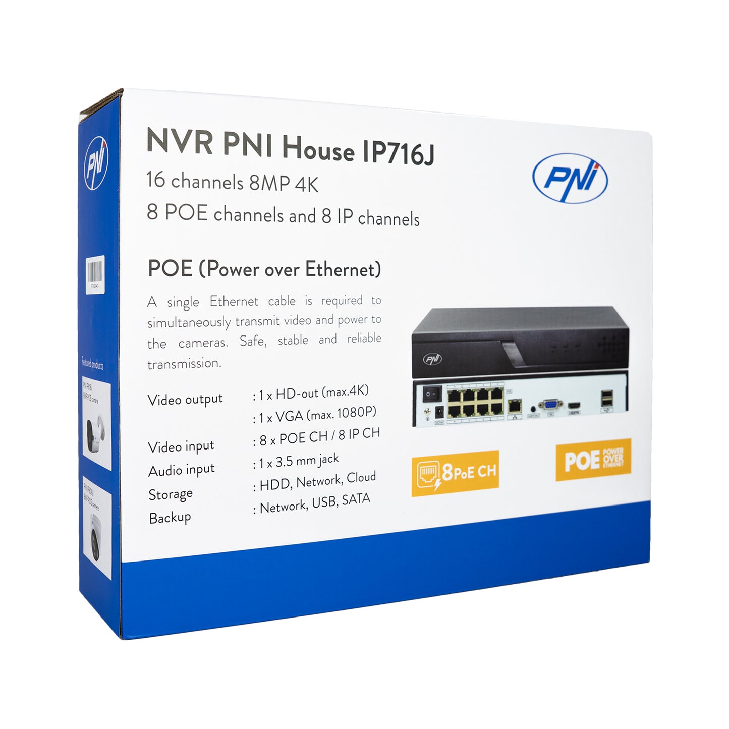 NVR POE PNI House IP716J, 16 canale 4K 8MP, 8 canale POE si 8 canale IP, negru