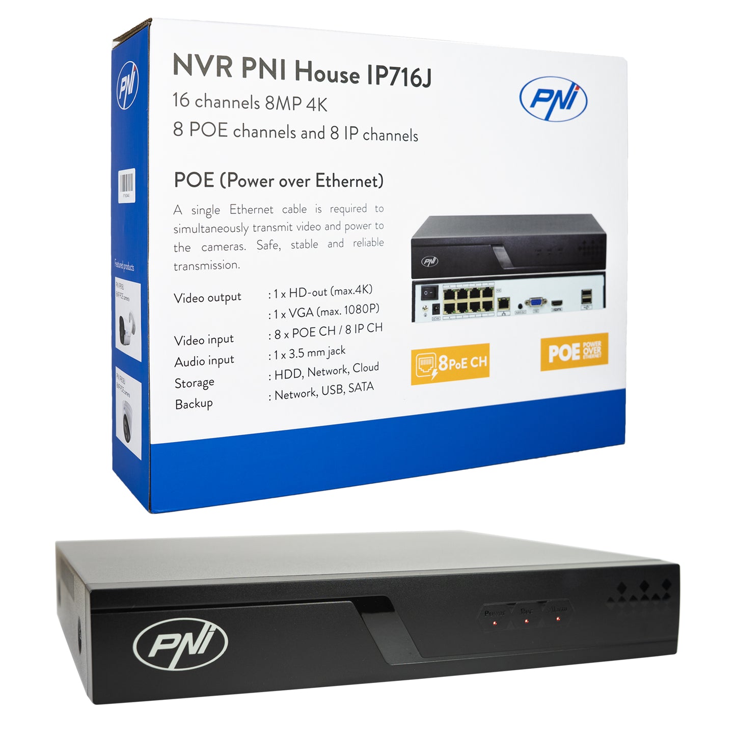 NVR POE PNI House IP716J, 16 canale 4K 8MP, 8 canale POE si 8 canale IP, negru