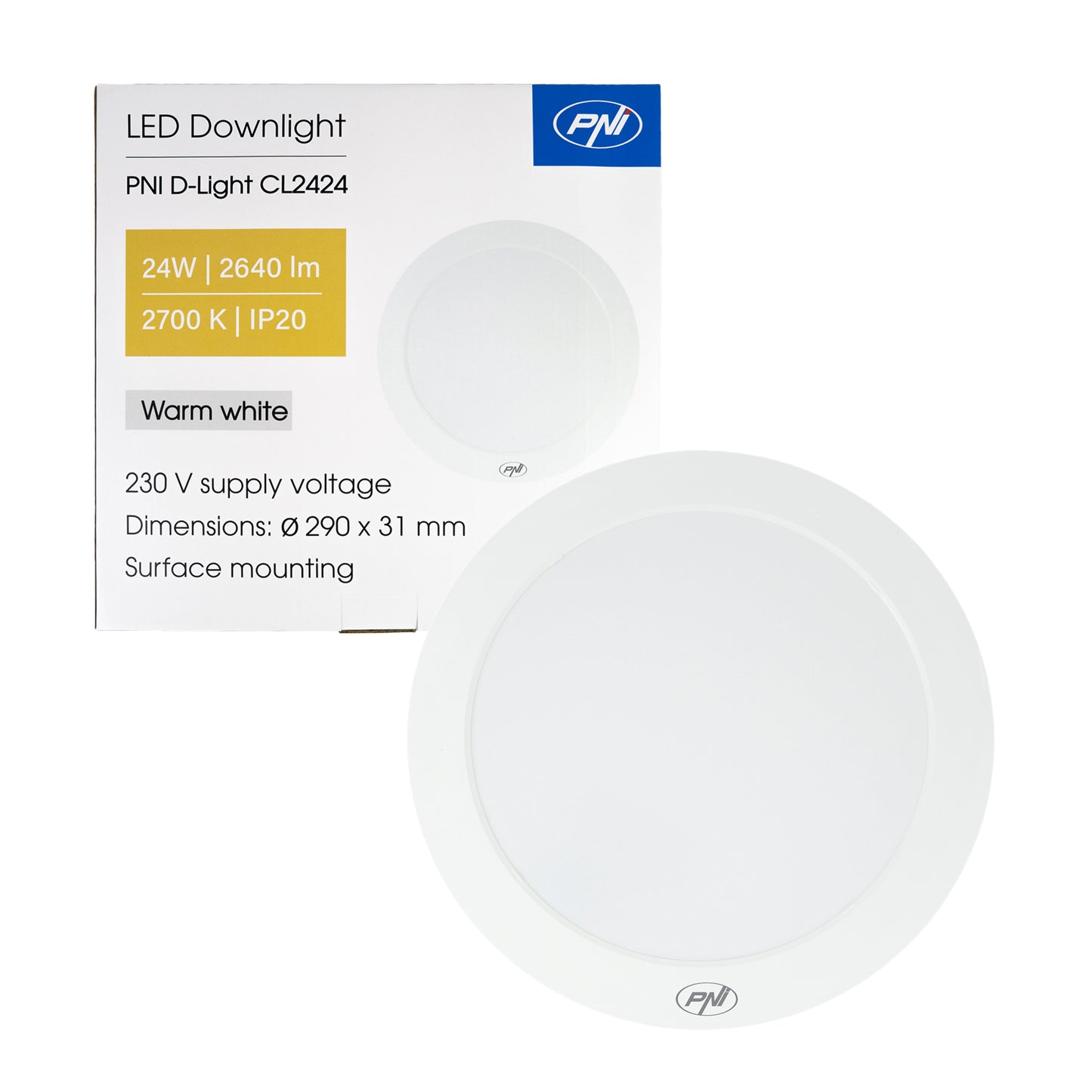Plafoniera LED PNI D-Light CL2424 24W, rotunda 29 cm, 2700K, alimentare 230V, 2640 lm, alb cald