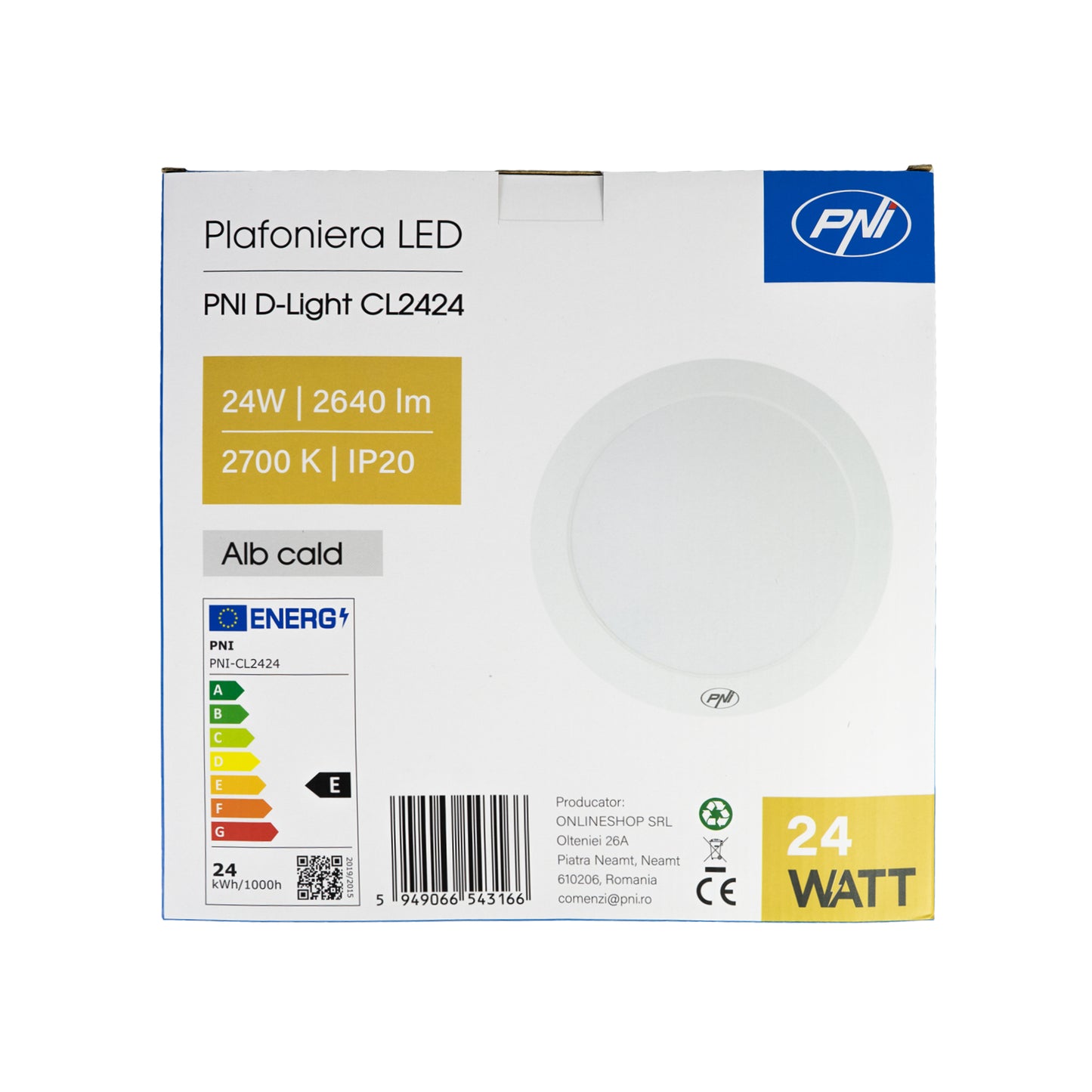 Plafoniera LED PNI D-Light CL2424 24W, rotunda 29 cm, 2700K, alimentare 230V, 2640 lm, alb cald