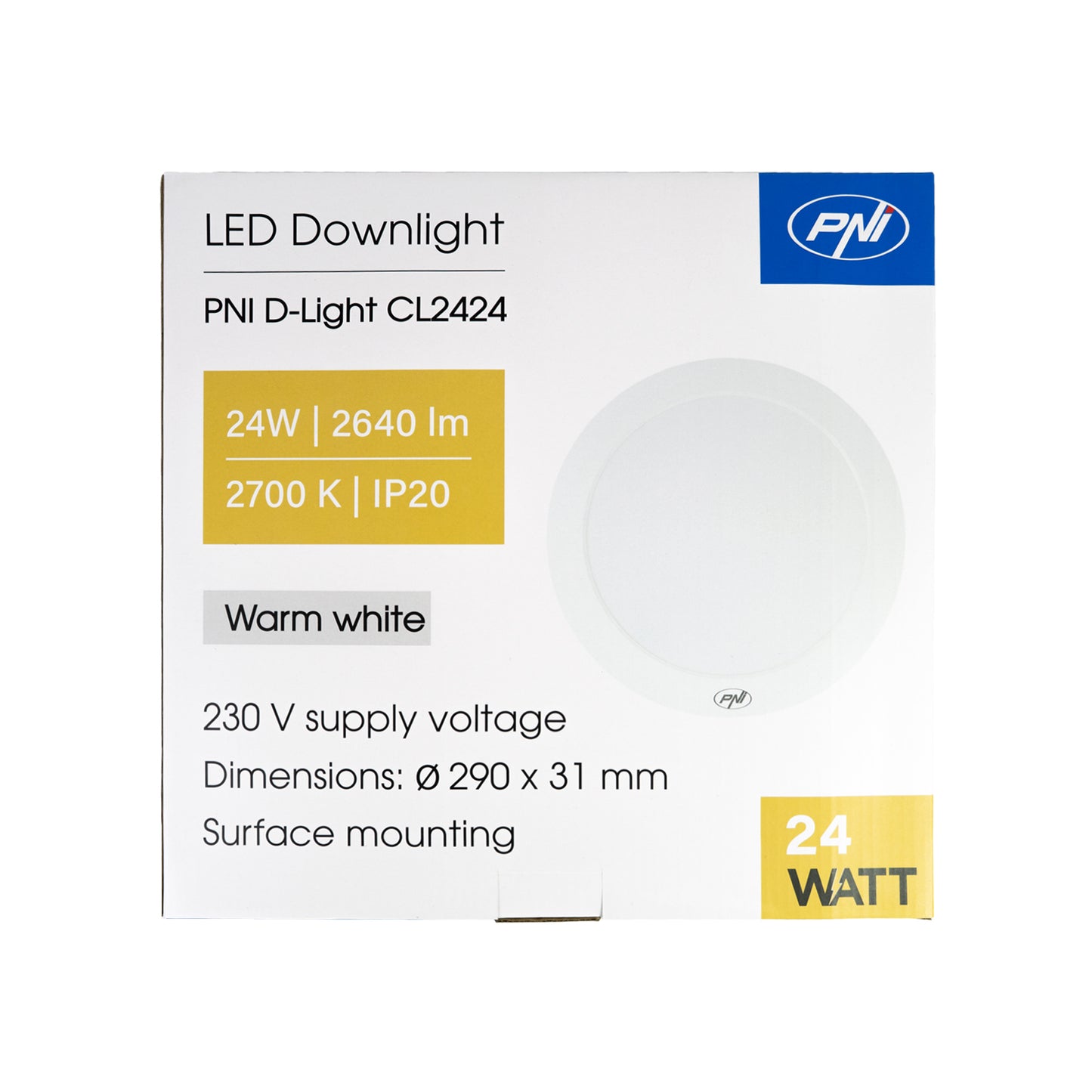 Plafoniera LED PNI D-Light CL2424 24W, rotunda 29 cm, 2700K, alimentare 230V, 2640 lm, alb cald