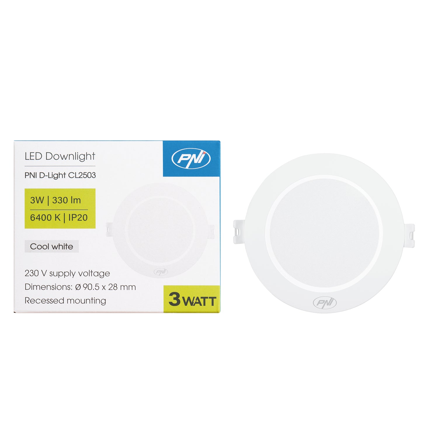 Spot LED PNI D-Light CL2503 3W, incastrabil, rotund 9 cm, 6400K, alimentare 230V, 330 lm, alb rece