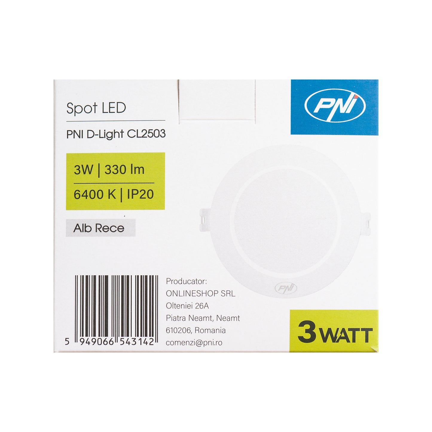 Spot LED PNI D-Light CL2503 3W, incastrabil, rotund 9 cm, 6400K, alimentare 230V, 330 lm, alb rece