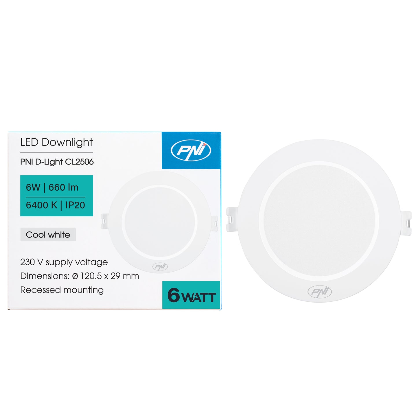 Spot LED PNI D-Light CL2506 6W, incastrabil, rotund 120 cm, 6400K, alimentare 230V, 660 lm, alb rece