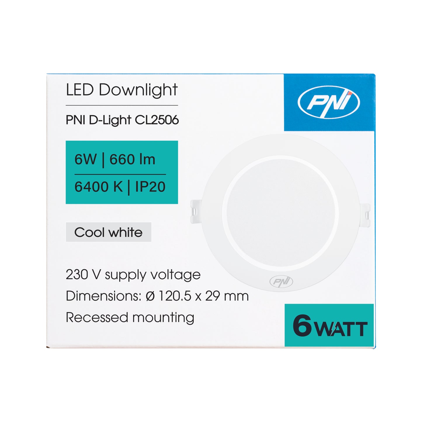 Spot LED PNI D-Light CL2506 6W, incastrabil, rotund 120 cm, 6400K, alimentare 230V, 660 lm, alb rece