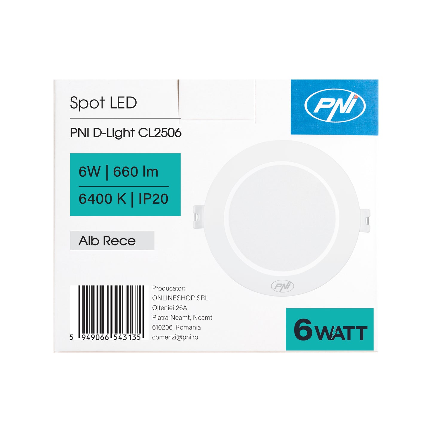 Spot LED PNI D-Light CL2506 6W, incastrabil, rotund 120 cm, 6400K, alimentare 230V, 660 lm, alb rece
