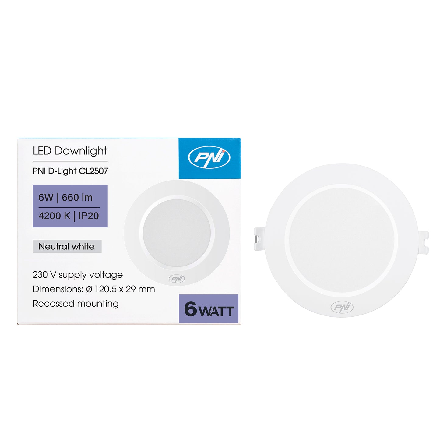 Spot LED PNI D-Light CL2507 6W, incastrabil, rotund 12 cm, 4200K, alimentare 230V, 660 lm, alb neutru