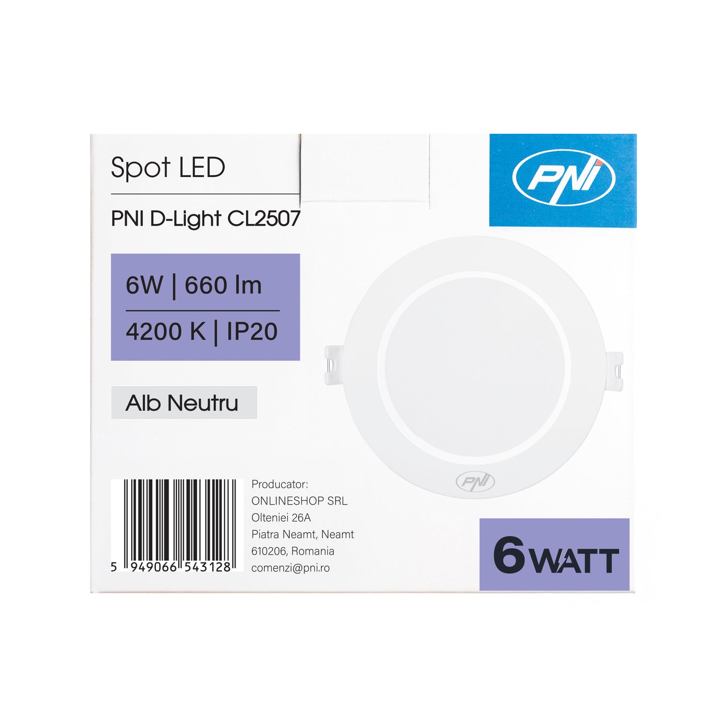 Spot LED PNI D-Light CL2507 6W, incastrabil, rotund 12 cm, 4200K, alimentare 230V, 660 lm, alb neutru