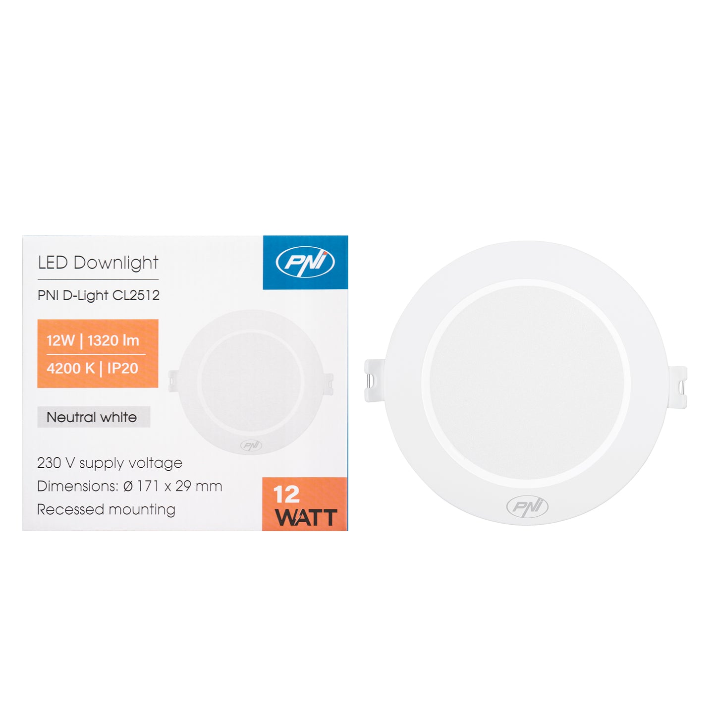 Spot LED PNI D-Light CL2512 12W, incastrabil, rotund 17 cm, 4200K, alimentare 230V, 1320 lm, alb neutru