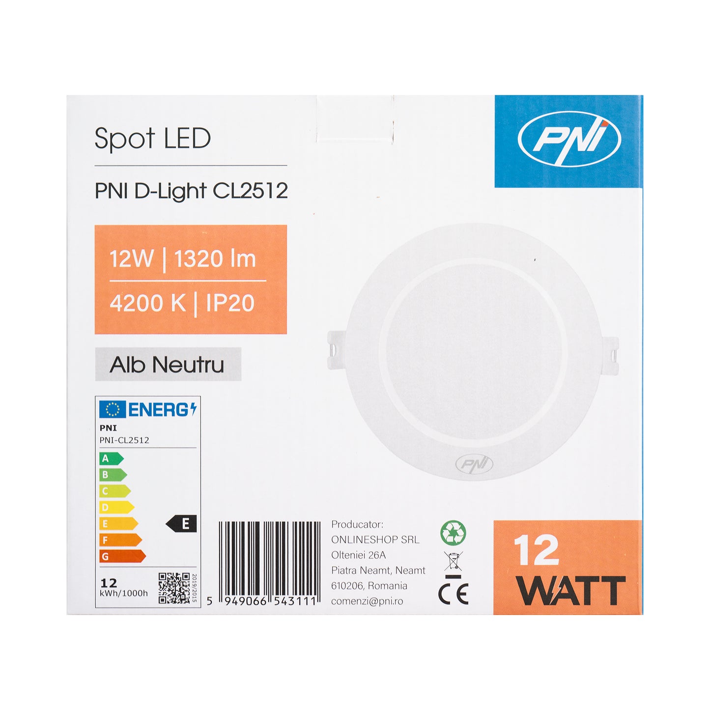 Spot LED PNI D-Light CL2512 12W, incastrabil, rotund 17 cm, 4200K, alimentare 230V, 1320 lm, alb neutru
