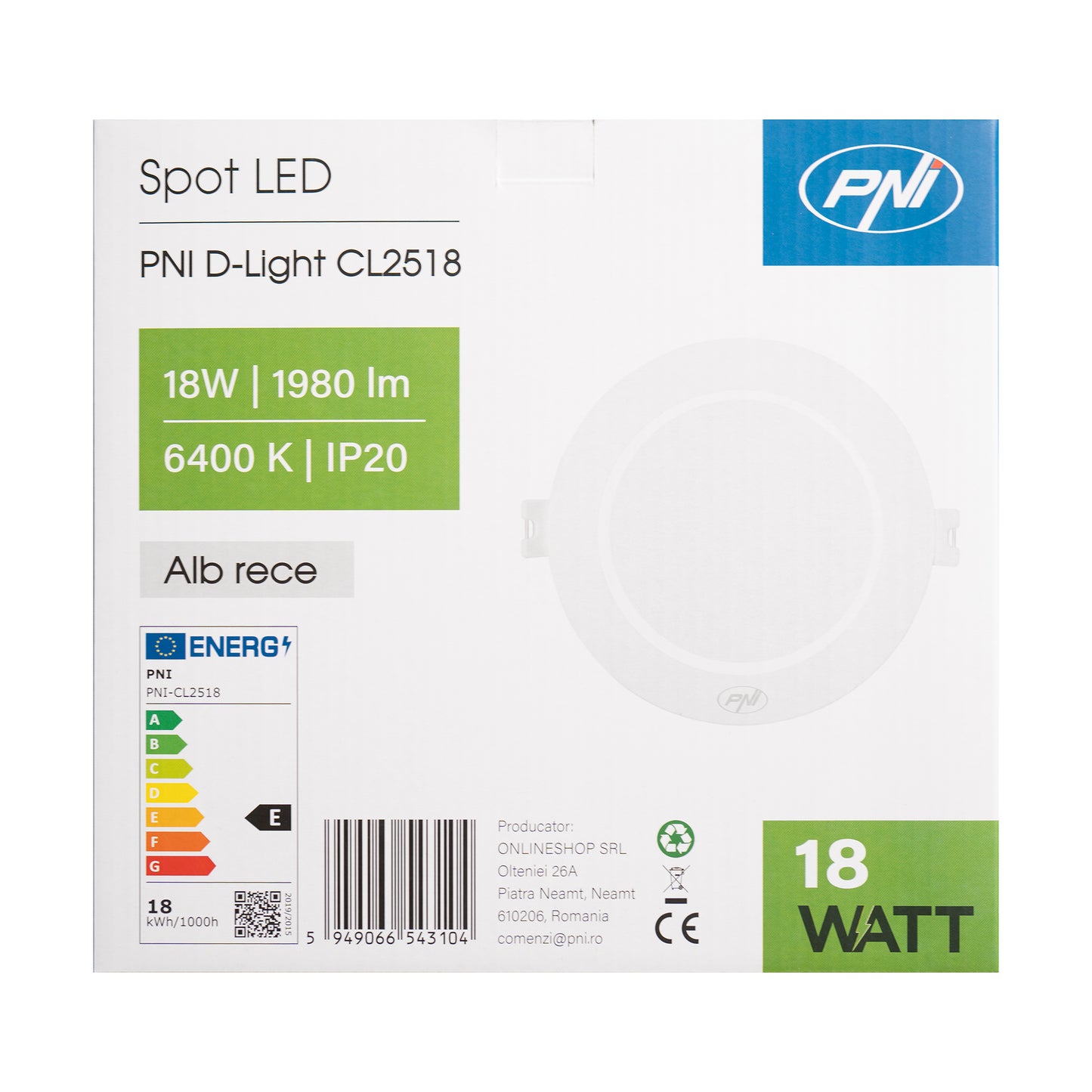 Spot LED PNI D-Light CL2518 18W, incastrabil, rotund 22 cm, 6400K, alimentare 230V, 1980 lm, alb rece