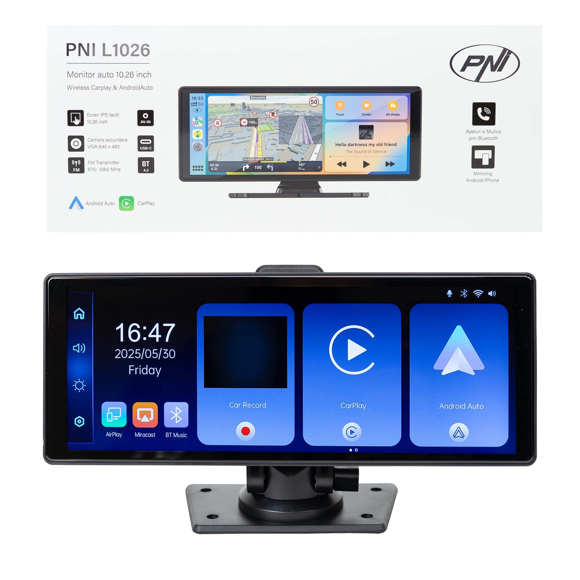 Monitor auto PNI L1026 10.26 inch, wireless Carplay, navigatie, muzica, handsfree, bluetooth, FM transmitter