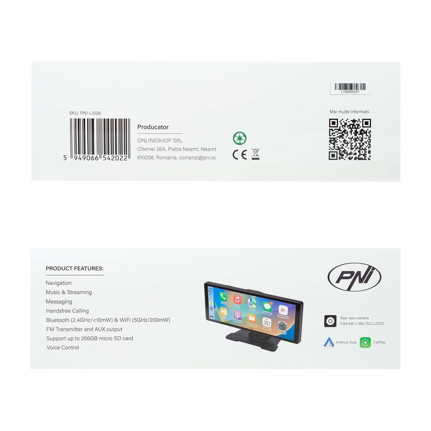 Monitor auto PNI L1026 10.26 inch, wireless Carplay, navigatie, muzica, handsfree, bluetooth, FM transmitter