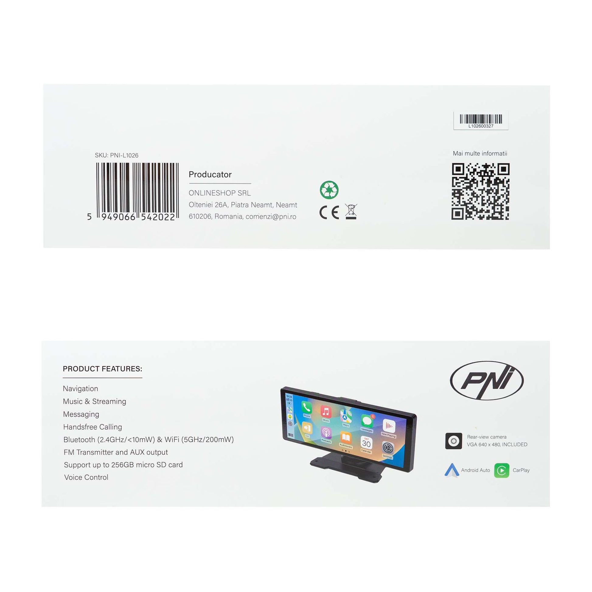 Monitor auto PNI L1026 10.26 inch, wireless Carplay, navigatie, muzica, handsfree, bluetooth, FM transmitter