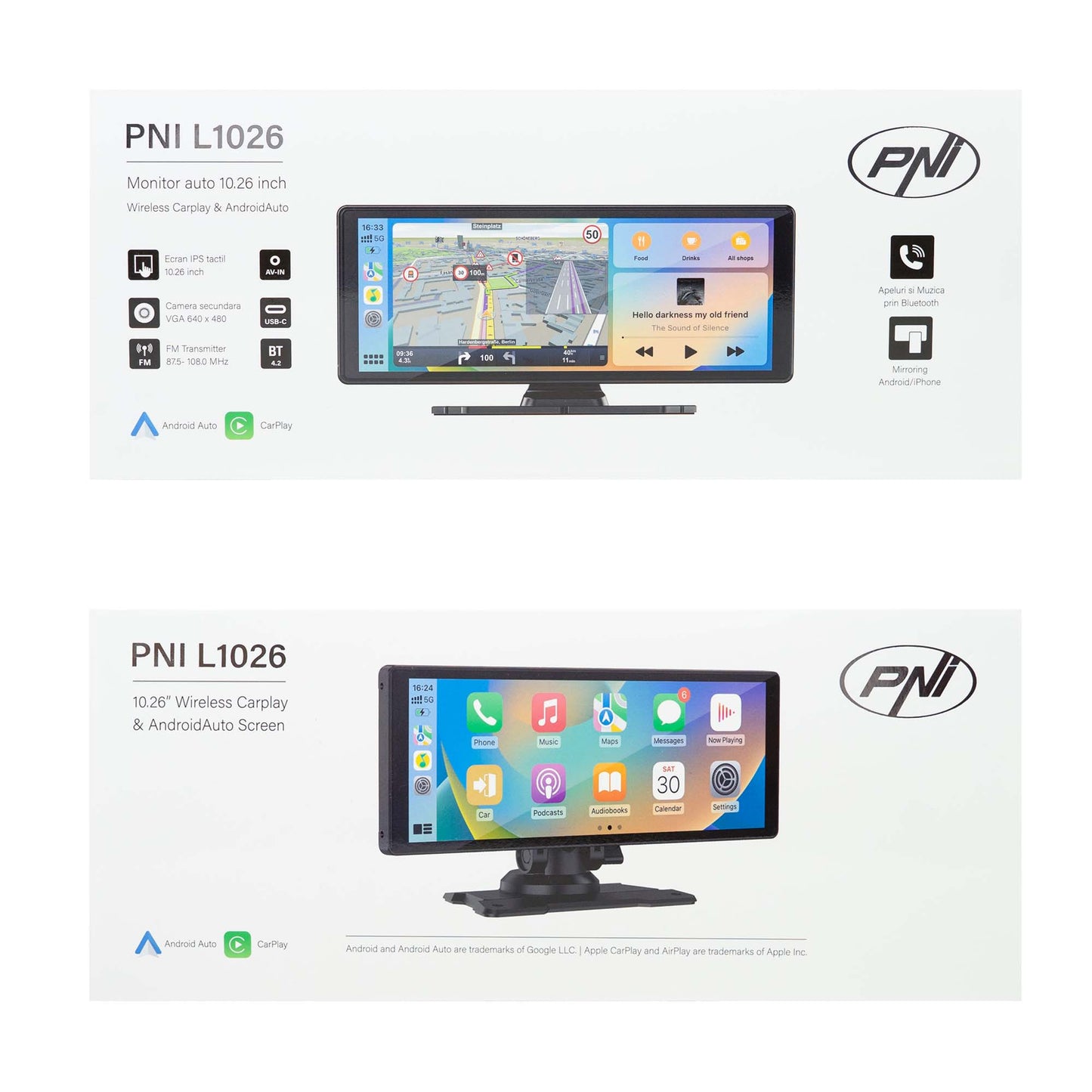Monitor auto PNI L1026 10.26 inch, wireless Carplay, navigatie, muzica, handsfree, bluetooth, FM transmitter