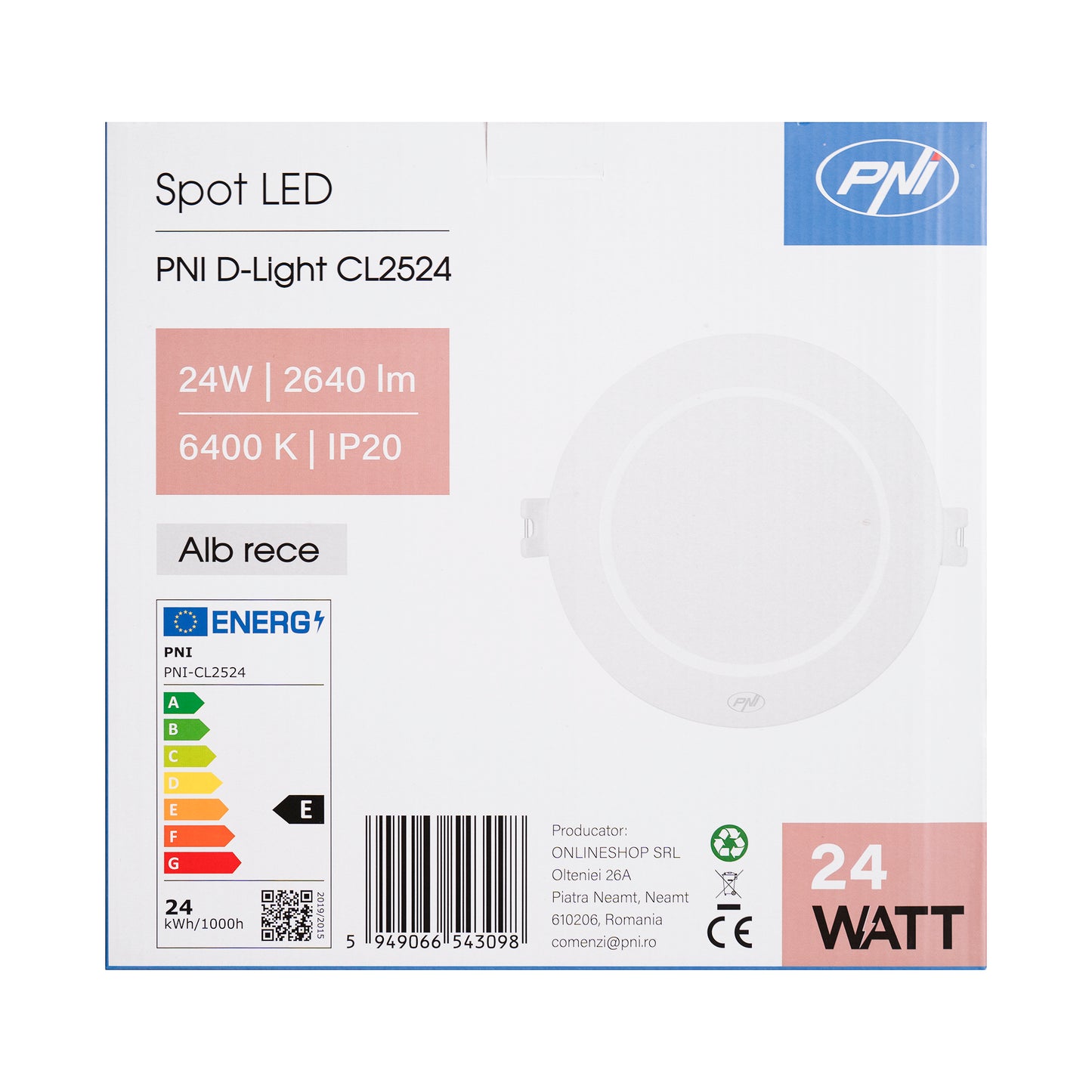 Spot LED PNI D-Light CL2524 24W, incastrabil, rotund 29 cm, 6400K, alimentare 230V, 2640 lm, alb rece