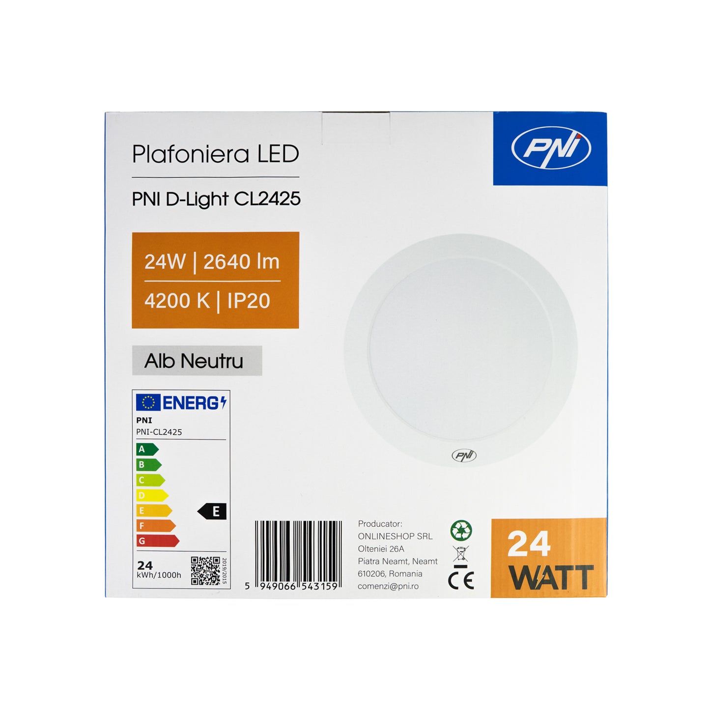 Plafoniera LED PNI D-Light CL2425 24W, rotunda 29 cm, 4200K, alimentare 230V, 2640 lm, alb neutru