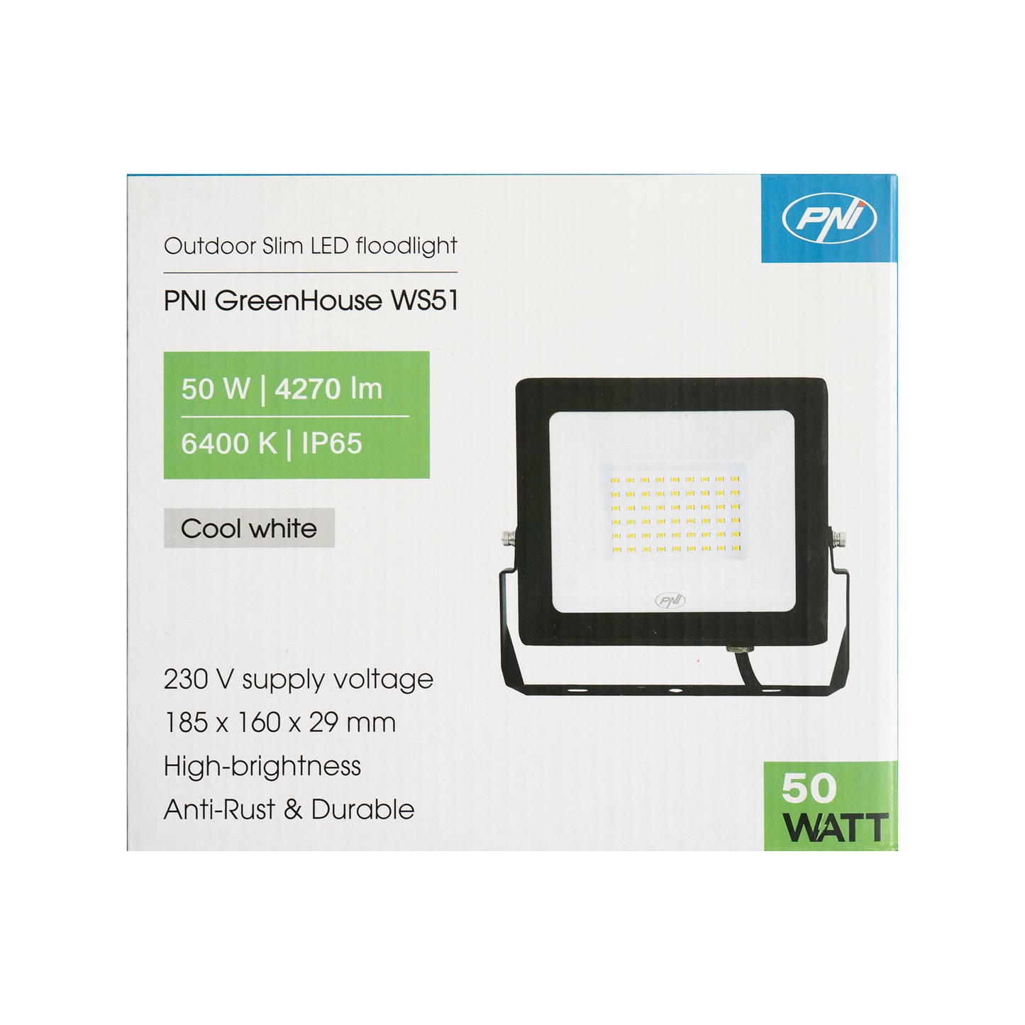 Reflector LED slim PNI GreenHouse WS51 50W, 6400K, 3898 lm, 184.5*29*160mm