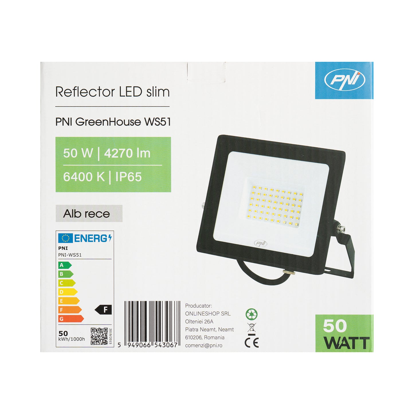 Reflector LED slim PNI GreenHouse WS51 50W, 6400K, 3898 lm, 184.5*29*160mm