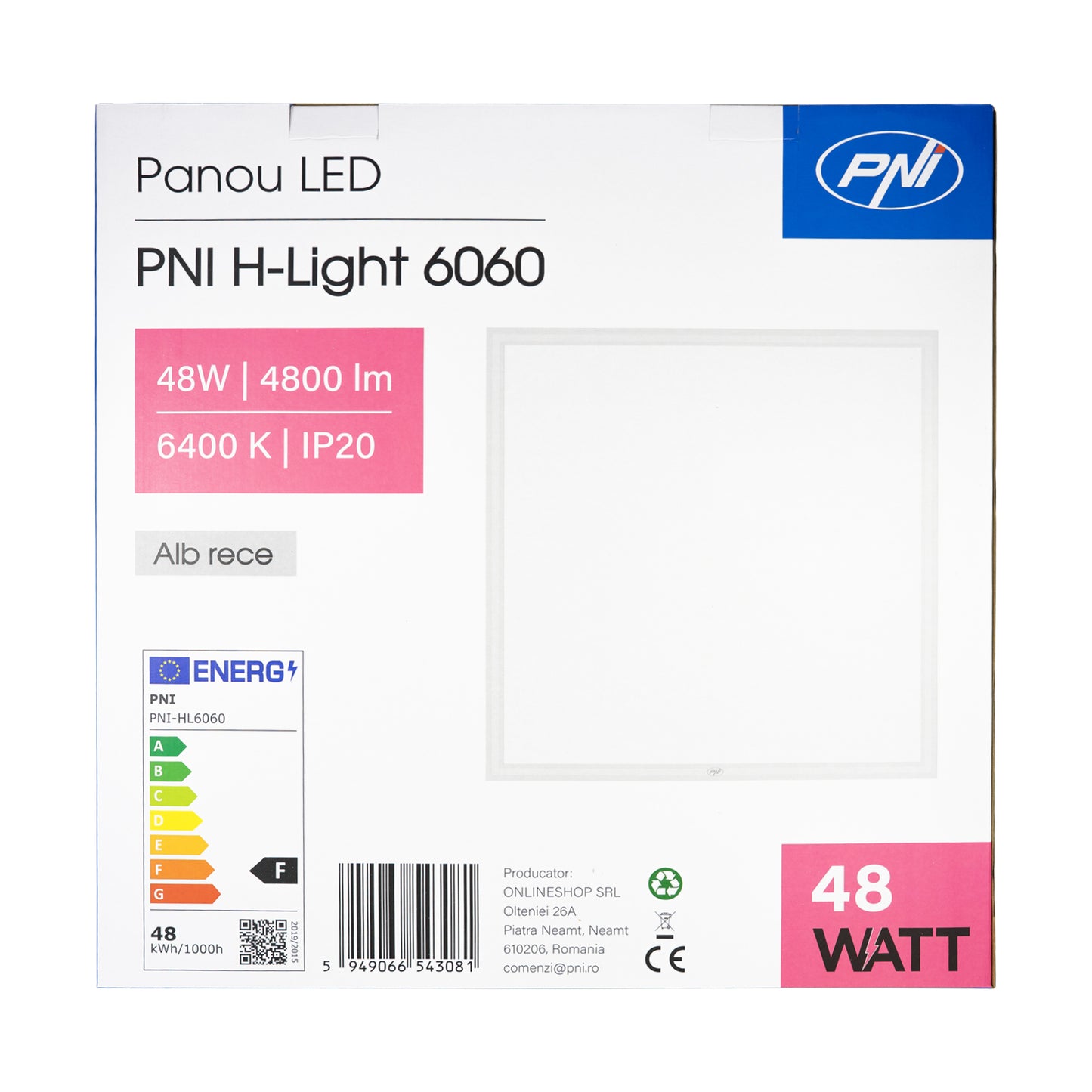 Panou LED PNI H-Light 6060 48W, 600x600mm, 4800lm, 6400K, de interior, incastrabil, alb rece
