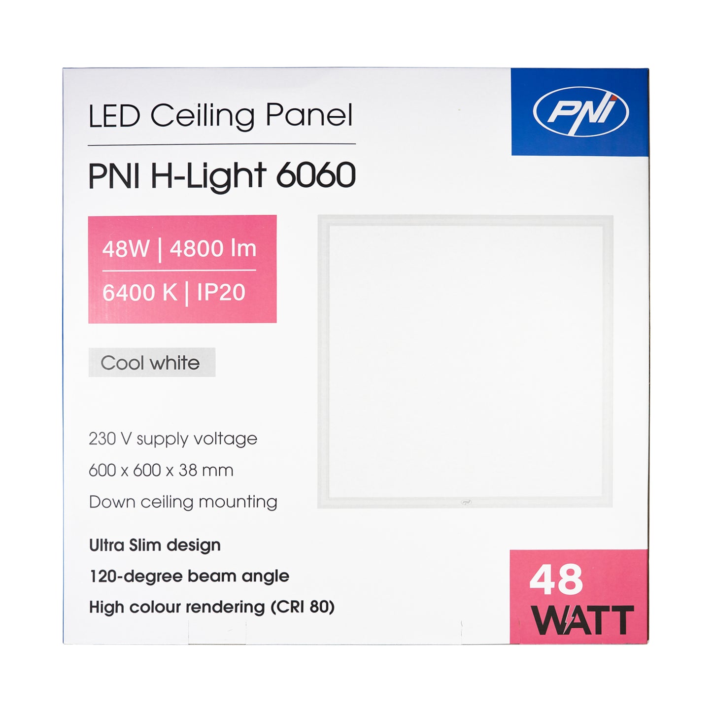 Panou LED PNI H-Light 6060 48W, 600x600mm, 4800lm, 6400K, de interior, incastrabil, alb rece