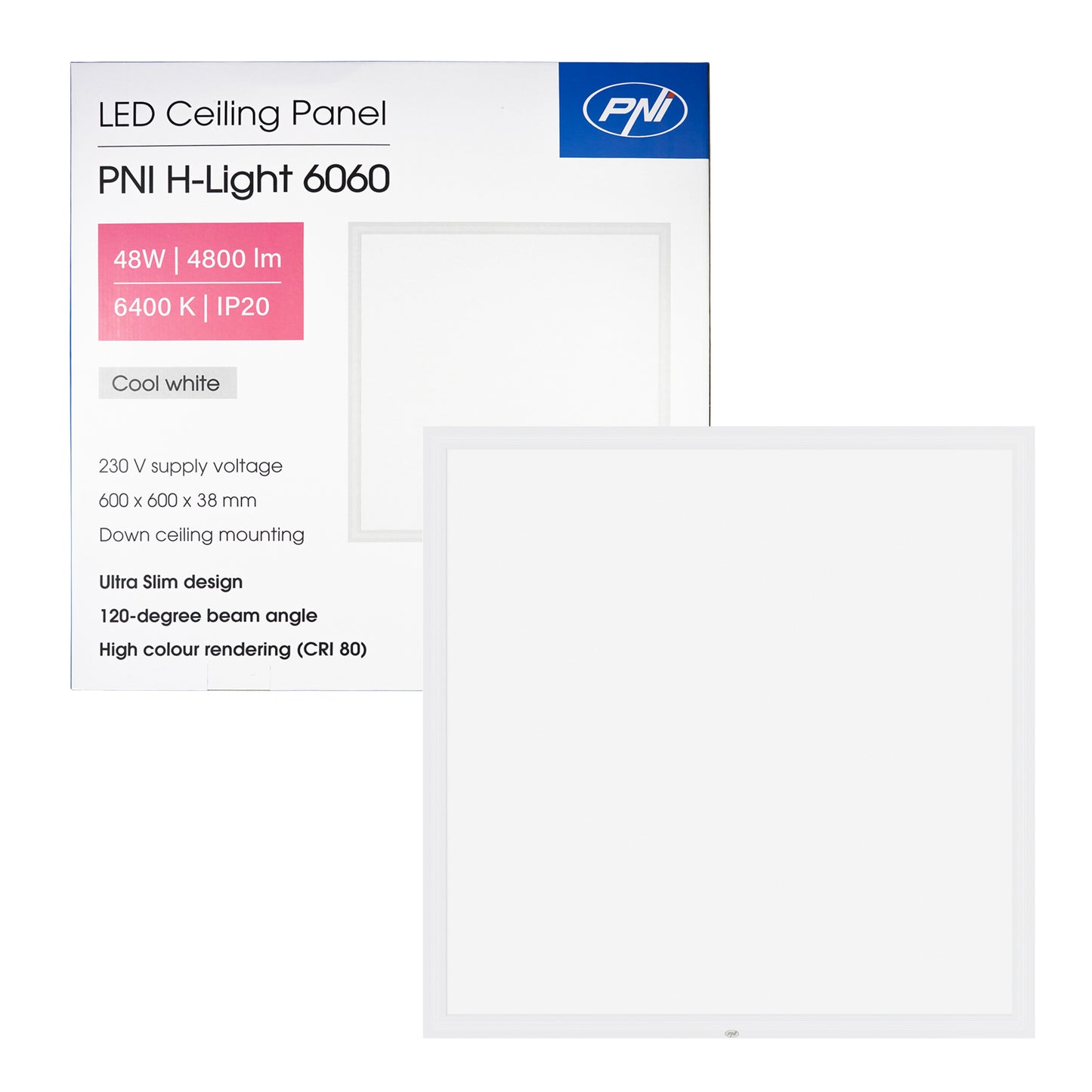 Panou LED PNI H-Light 6060 48W, 600x600mm, 4800lm, 6400K, de interior, incastrabil, alb rece