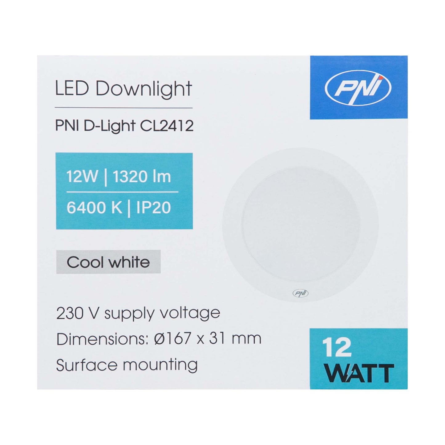 Plafoniera LED PNI D-Light CL2412 12W, rotunda 16.7 cm, 6400K, alimentare 230V, 1320 lm, alb rece